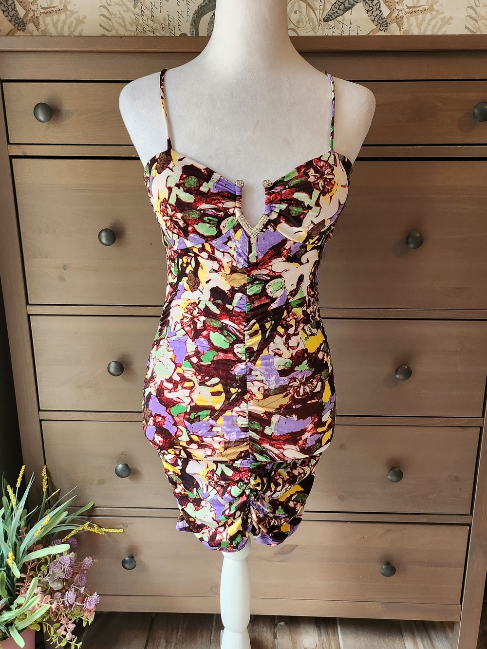 Vintage Women’s Floral Print Ruched Bodycon Slip Dress - Purple/Green/Yellow